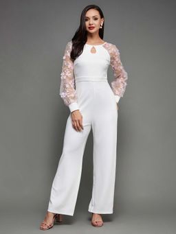 Miss Chase - Women White Floral Keyhole Neck Back Tie-Up Regular-Length Jumpsuit