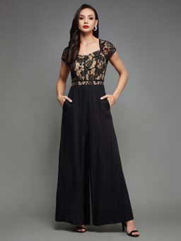 Miss Chase - Women Black Sweetheart Neck Floral Lace Overlaid Regular Length Jumpsuit
