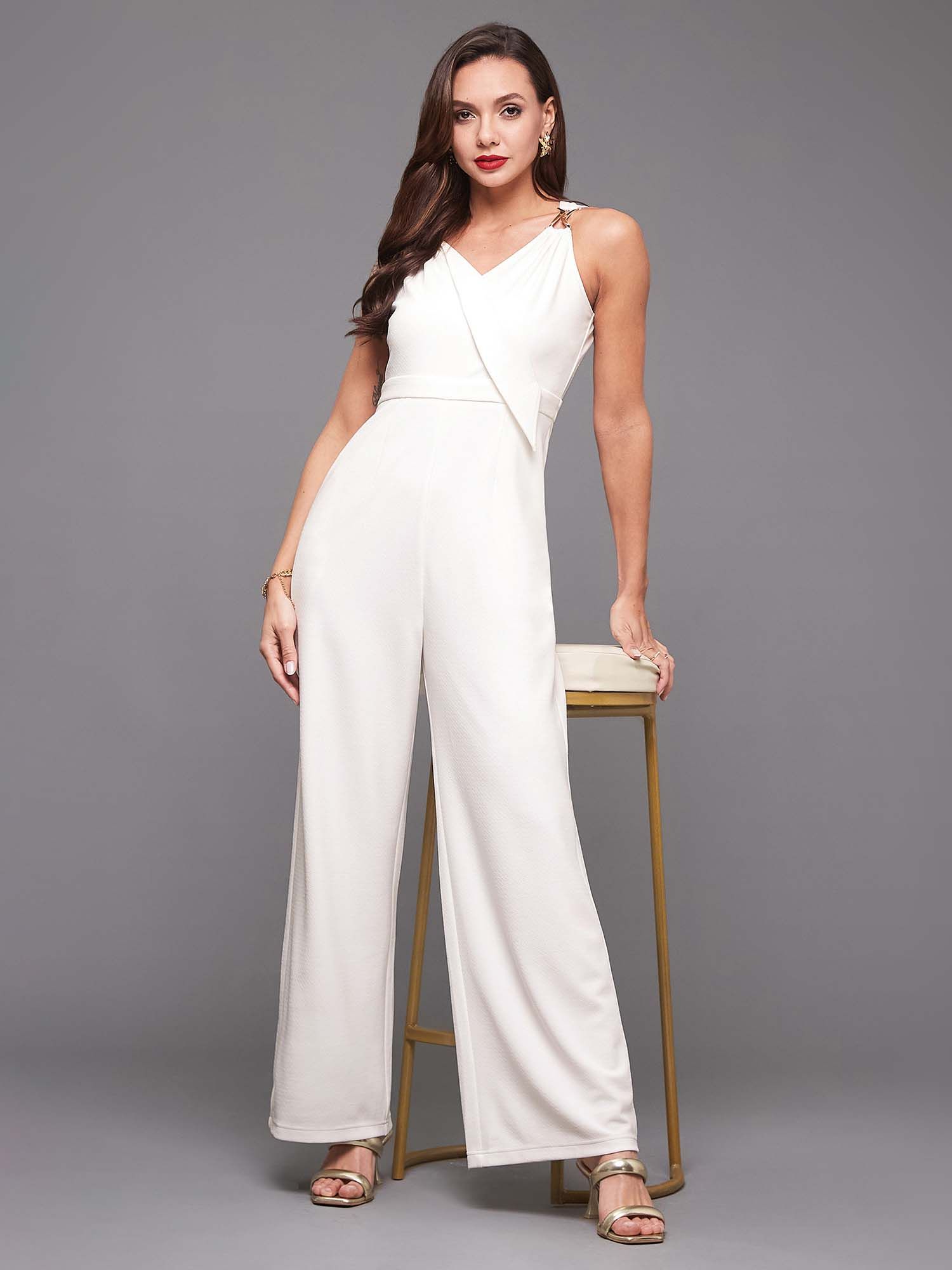 Women White V-Neck Sleeveless Wrap Regular-Length Polyester Jumpsuit-image-5