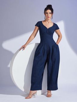 Miss Chase - Women Navy Blue Cap Sleeve Pin Tucked Dhoti Style Denim Jumpsuit