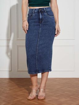 Miss Chase - Women Dark Blue High-Rise Stretchable Denim Midi Skirt with Back Slit