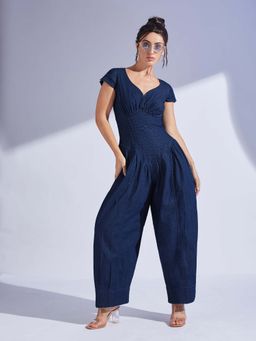 Miss Chase - Women Navy Blue Cap Sleeve Pin Tucked Dhoti Style Denim Jumpsuit
