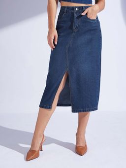 Miss Chase - Women Dark Blue A-Line High-Rise Non-Stretchable Denim Midi Skirt