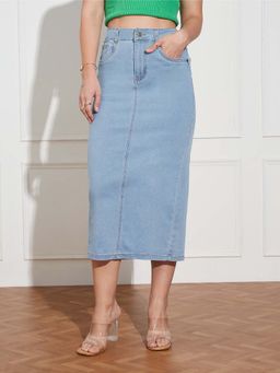 Miss Chase - Women Light Blue Straight High Rise Midi Stretchable Denim Skirt