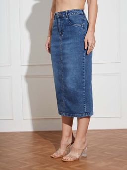 Miss Chase - Women Dark Blue High Rise Clean Look Stretchable Denim Bodycon Midi Skirt