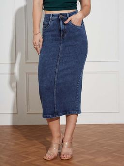 Miss Chase - Women Dark Blue High-Rise Stretchable Denim Midi Skirt with Back Slit