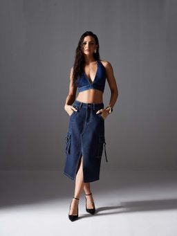 Miss Chase - Women Navy Blue Straight High Rise Clean Look Midi Denim Skirt