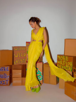 Nirmooha - Yellow Pre Draped Saree Cording with Stitched Blouse (Set of 2)