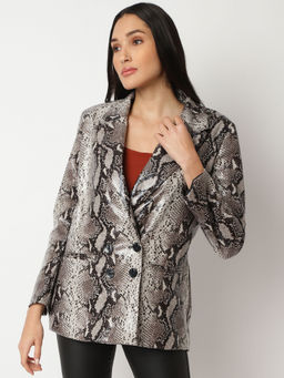 Missguided - Grey Snake Print Faux Leather Wide Fit Blazer