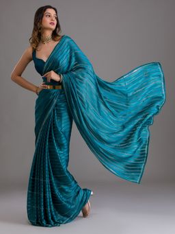Koskii - Peacock Blue Swarovski Georgette Saree with Unstitched Blouse