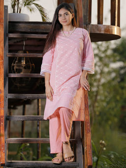 Zuri - Peach Embroidered Cotton kurta with Cotton Pant - Set of 2