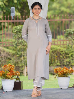 Zuri - Grey Hand Embroidered Cotton Kurta with Lace Pant - Set of 2