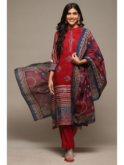 Biba - Womens Red Printed Rayon Straight Suit (Set of 3)