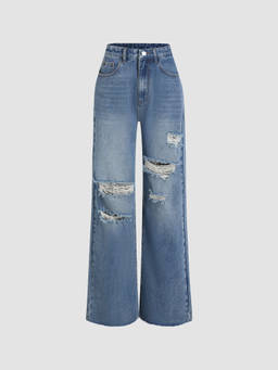 Cider - Petite Women's High Waist Ripped Straight Leg Jeans Blue