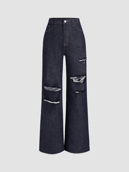 Cider - Petite Women's High-Waist Ripped Straight Leg Jeans Blue