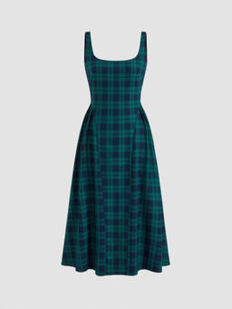 Cider - Check Pleated Women's Square Neck Sleeveless Maxi Dress Dark Green