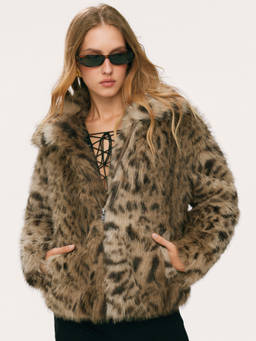 Cider - Leopard Print Women's Faux Fur Oversized Jacket Khaki