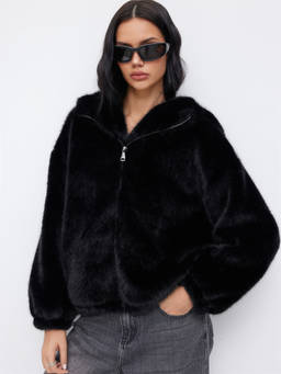Cider - Faux Fur Women's Drawstring Hooded Oversized Jacket Black