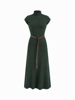 Cider - Knit Women's Belted High Neck A-Line Maxi Dress Dark Green