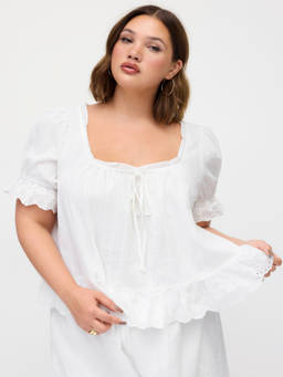 Cider - Lace Trim Women's Tie-Up Puff Sleeve Blouse White
