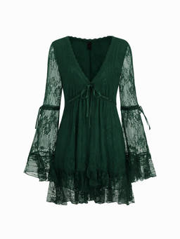 Cider - Lace Women's Bell Sleeve Ruffle Hem Flared Mini Dress Dark Green