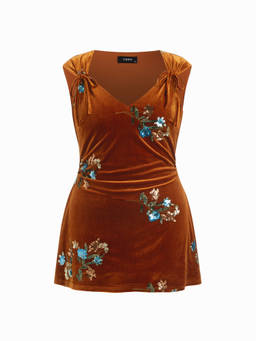 Cider - Velvet Women's Floral Embroidered Ruched V-Neck Mini Dress Rust