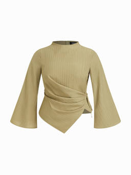 Cider - Textured Women's Ruched Bell Sleeve Blouse Olive Green