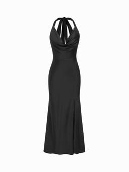 Cider - Satin Women's Lace Trim Halter Cowl Neck Maxi Dress Black