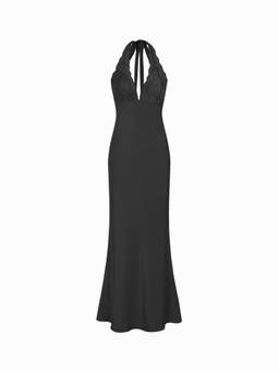 Cider - Satin Women's Lace Trim Halter Neck Maxi Dress Black