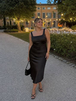 Cider - Satin Sculptural Women's Ruched Square Neck Maxi Dress Black