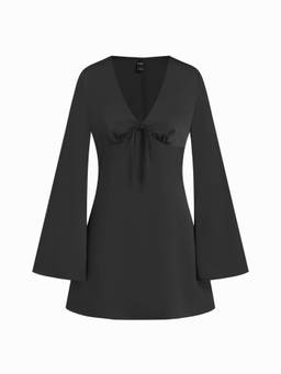 Cider - Satin Women's Bowknot Ruched V-Neck Mini Dress Black