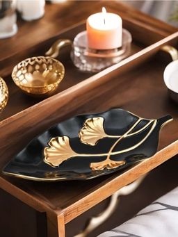At Home by Nilkamal - Gingko Leaf Decorative Platter -Black & Gold