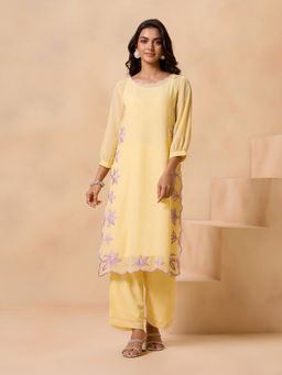 Gajra Gang - Lavendare Yellow Flower Embroidered Co-ord Set GGSKD111 (Set of 3)