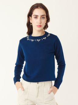 Zink London - Women Blue Embroidered Sweater