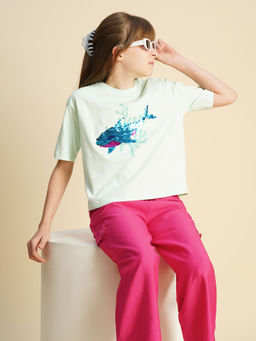 VERO MODA - Girls Embellished Regular Fit Blue T-Shirt