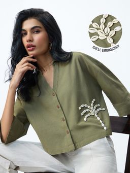 The Souled Store - Olive Embroidered Collar Neck Shirt