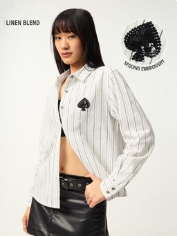 The Souled Store - White Embellished/Sequined Collar Neck Shirt