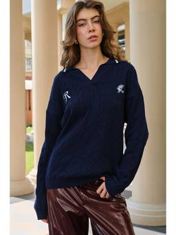 Bonkers Corner - Navy Blue Textured Collar Neck T-Shirt