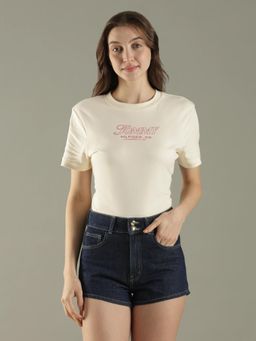 Tommy Hilfiger - Beige Typography Crew Neck T-Shirt