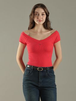 Tommy Hilfiger - Red Textured Off Shoulder T-Shirt