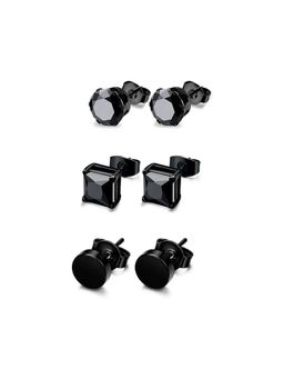Yellow Chimes - Set of 3 Black Stainless Steel Black Crystal Studs Earrings