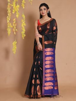 CHARUKRITI - Black Blended Cotton Handwoven Woven Zari Paisley Designs Saree with Unstitched Blouse