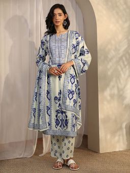 Libas - Off White Printed Straight Kurta with Printed Pant and Dupatta