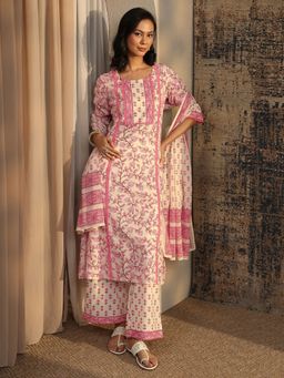 Libas - Peach Floral Printed A-Line Kurta with Printed Palazzo and Dupatta