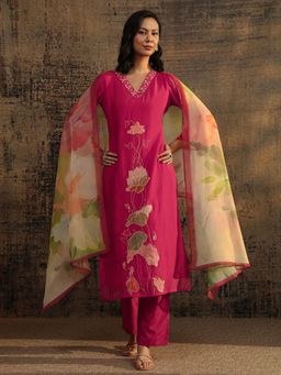 Libas - Pink Floral Embroidered Straight Kurta with Pant & Dupatta