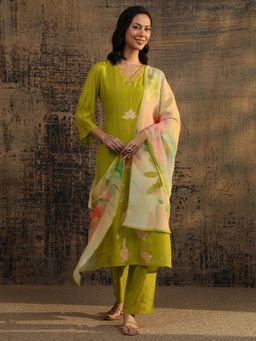 Libas - Green Floral Embroidered Straight Kurta with Pant & Dupatta