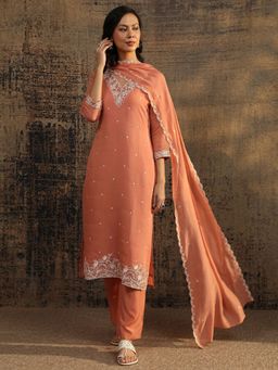 Libas - Peach Floral Zari Embroidered Straight Kurta with Pant and Dupatta