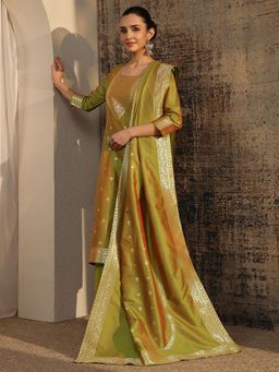 Libas - Olive Woven Design Straight Kurta with Pant with Dupatta