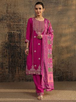 Libas Art - Pink Embroidered Kurta with Solid Palazzo and Embellished Dupatta