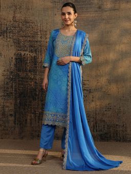 Libas - Blue Bandhani Printed Straight Kurta with Pant with Dupatta